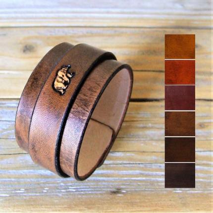 Bracelet de force en cuir, ours en clair, personnalisé couleur au choix. Sur mesure, artisanal, fabriqué en France
