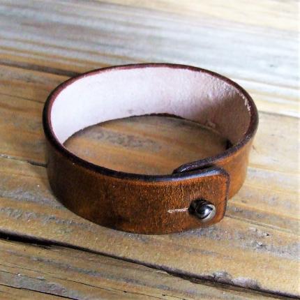 Bracelet mode en cuir Le 2 Marron Orangé, motif Infinity frappé, bouton de col, personnalisation sur demande