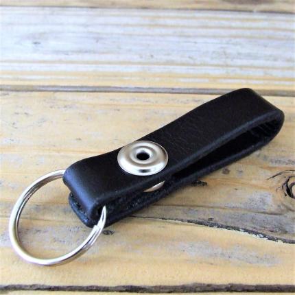 Porte clé de ceinture en cuir noir bouton pression argenté avec tete d'aigle artisanal, MIF