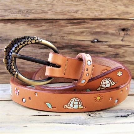 Ceinture en cuir naturel taille enfant, dessins pastels, 100 % fabrication artisanale, 100 % made in France