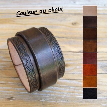 Bracelet de force en cuir personnalisé, couleur au choix, frises celtiques embossées, boucle inox. 100 % Made in France