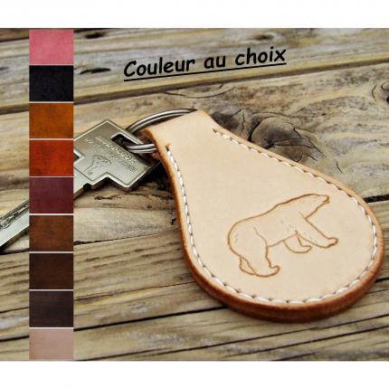 Porte-clé sellier goutte ronde Couleur cuir, fil et motif au choix - fabriqué en France, artisanal.