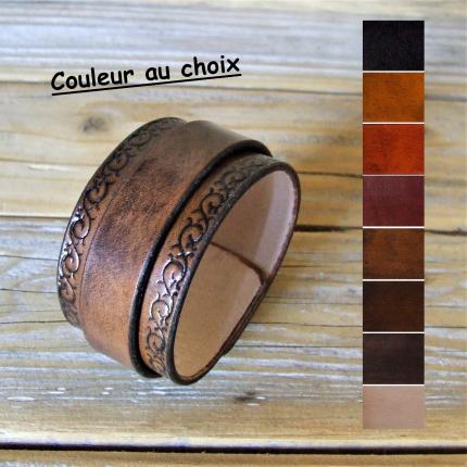 Bracelet de force en cuir, frises végétales, cousu à la main, couleur et boucle au choix - Made in France
