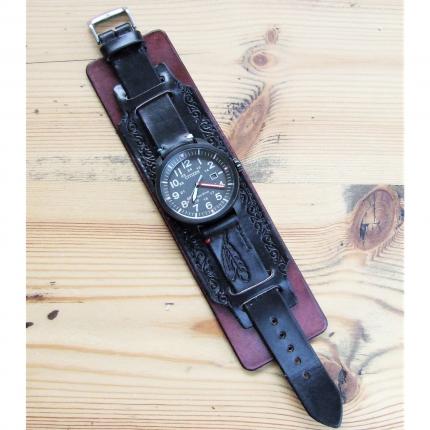 Bracelet de montre large en cuir, type force, noir antique et acajou, cousu main, 100 % made in France
