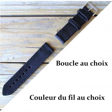 Bracelet de montre en cuir noir véritable, cousu main sellier, artisan français, personnalisé fil et boucle au choix